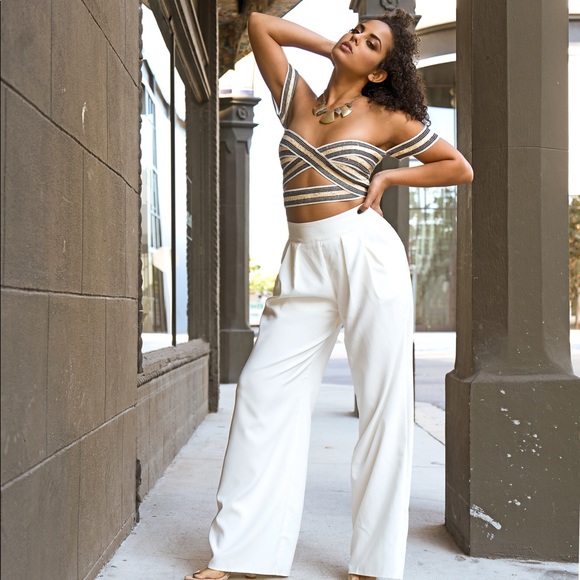 Style Link Miami Pants - Ivory Wide Leg Trouser Pant